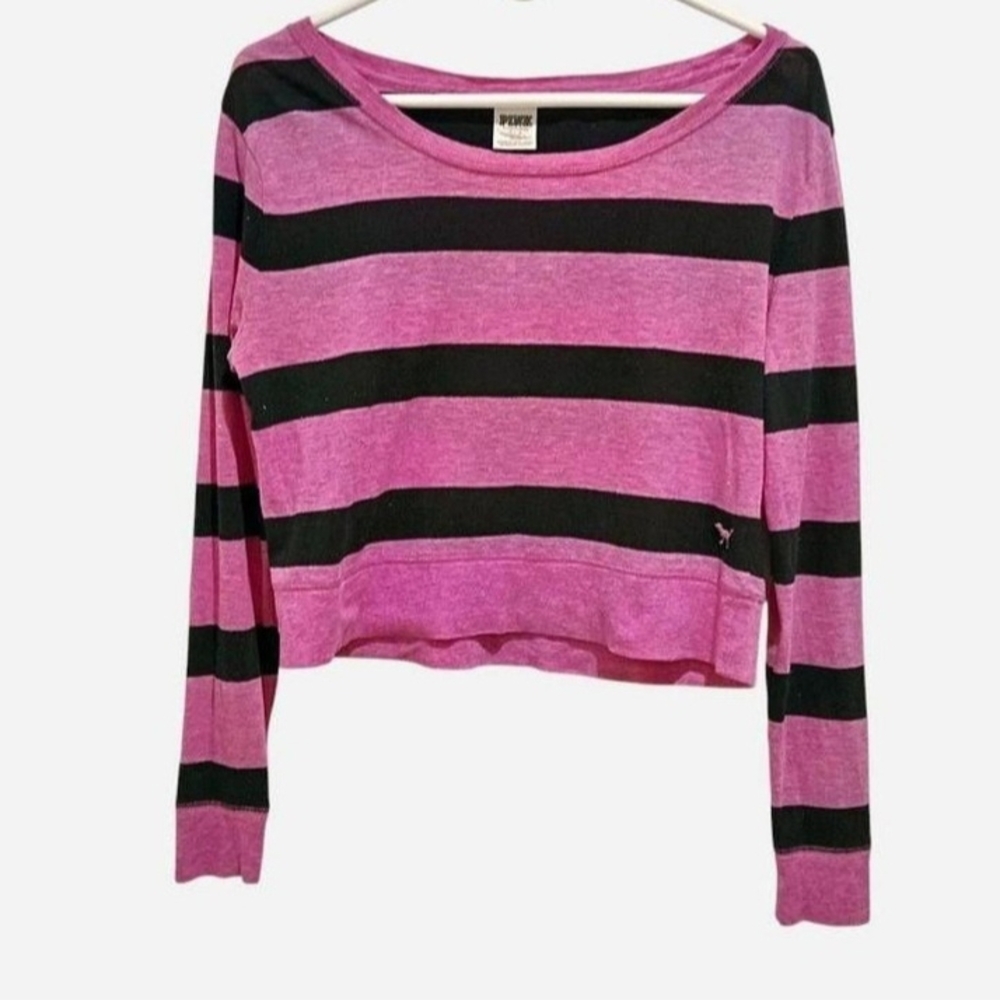 Victoria's Secret PINK Purple Black Striped Long Sleeve Tee T-Shirt Alt Y2K 90s - Picture 7 of 8